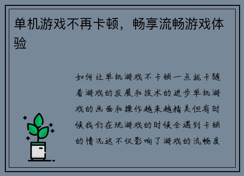 单机游戏不再卡顿，畅享流畅游戏体验
